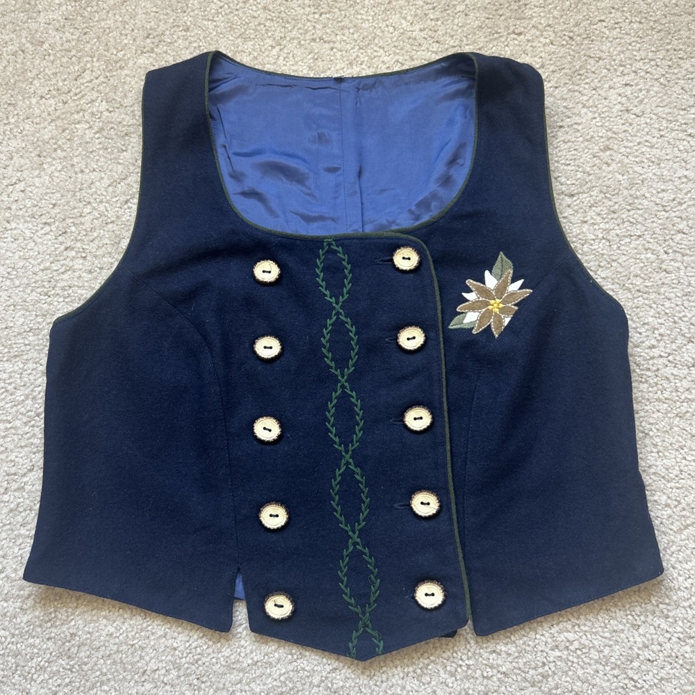 Vintage Austrian Trachten Dirndl Vest Navy Blue Embroidered Wool Waistcoat Sz 16